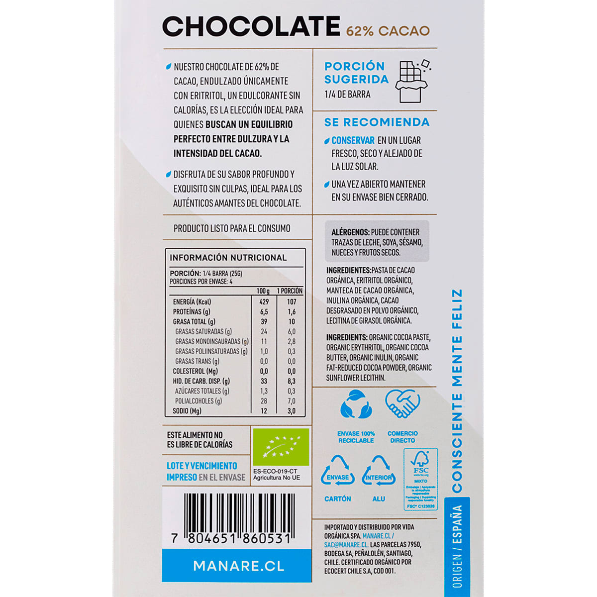 Manare Chocolate Organico Sin Azucar 62% Cacao 100 g3