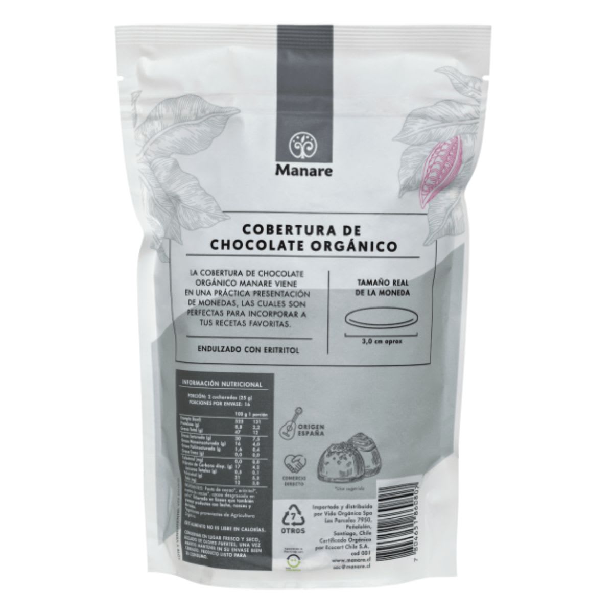 Manare Cobertura de Chocolate Organico 79% Cacao Sin Azucar 200g2