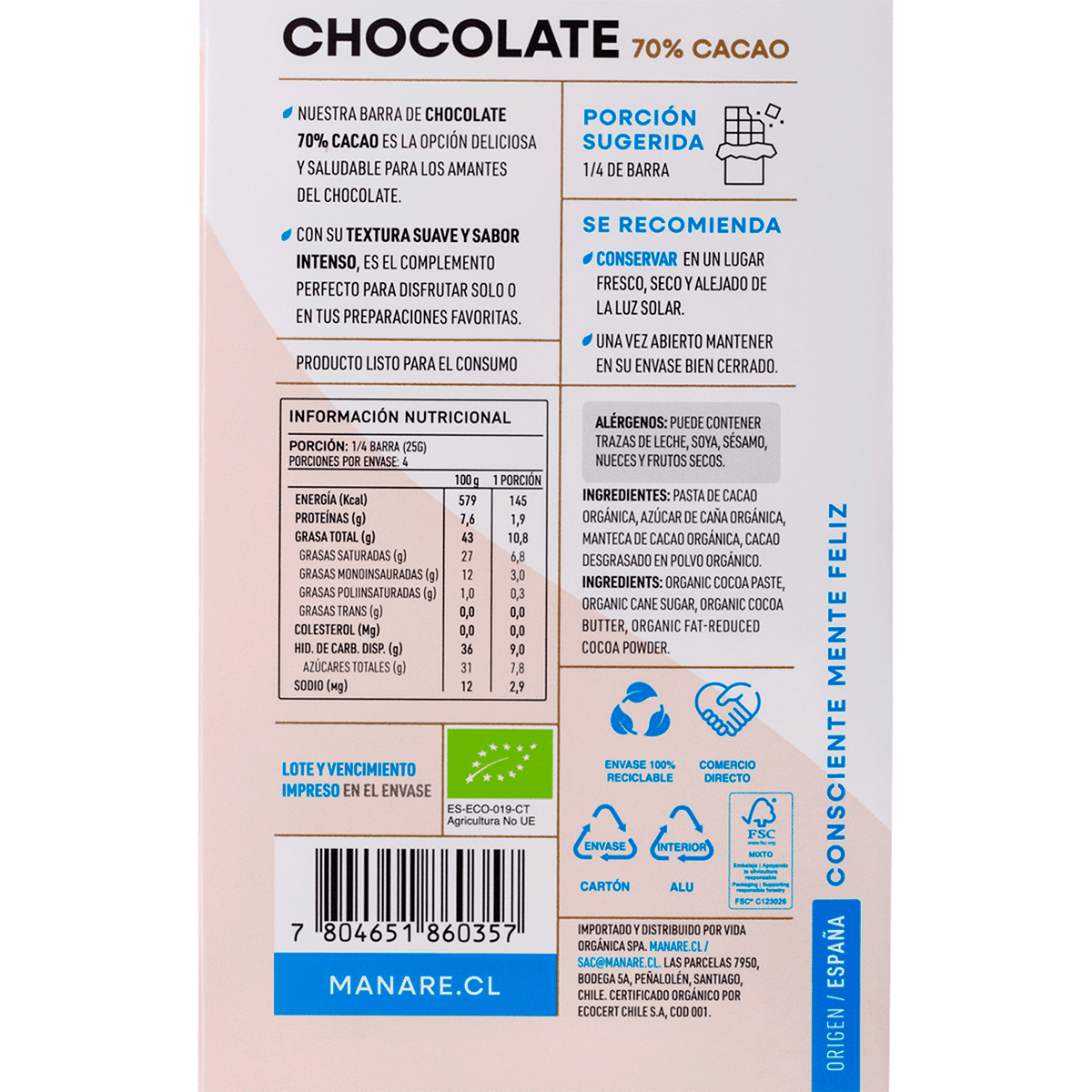Manare Chocolate Organico 70% Cacao 100 g3
