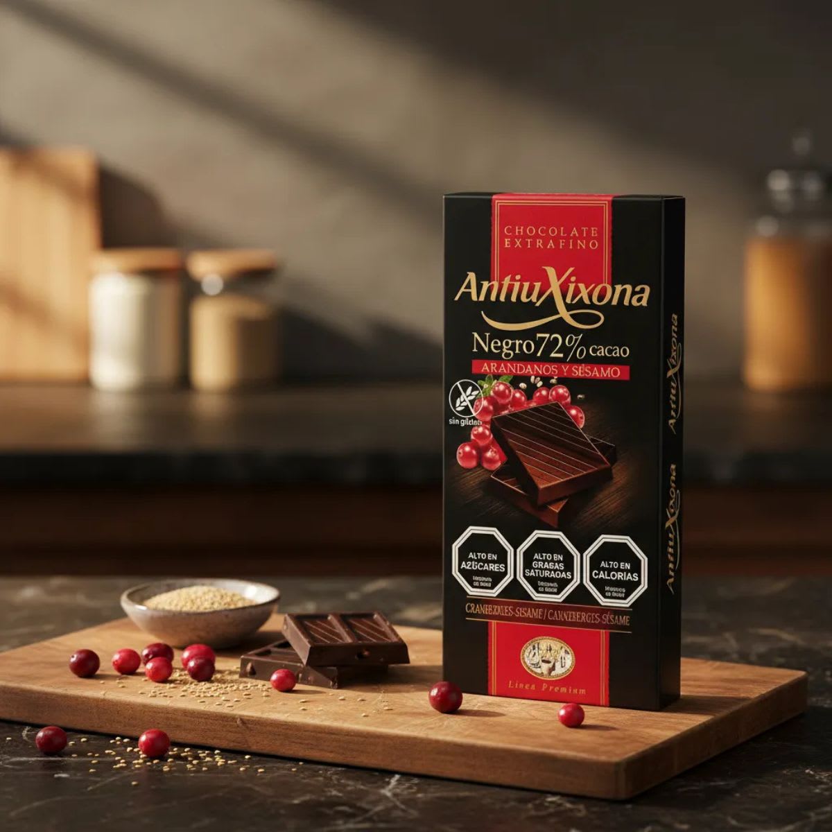 Antiu Xixona Chocolate Negro 72% Cacao con Arandanos y Sesamo Sin Gluten2