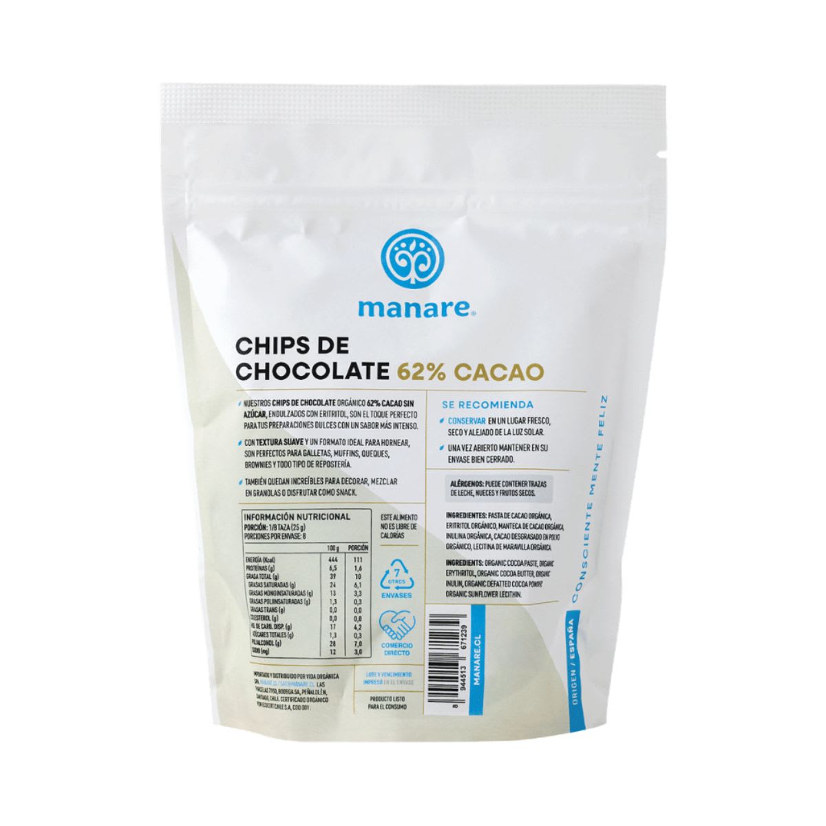 Chips de Chocolate Organico Sin Azucar 62% Cacao 200g2