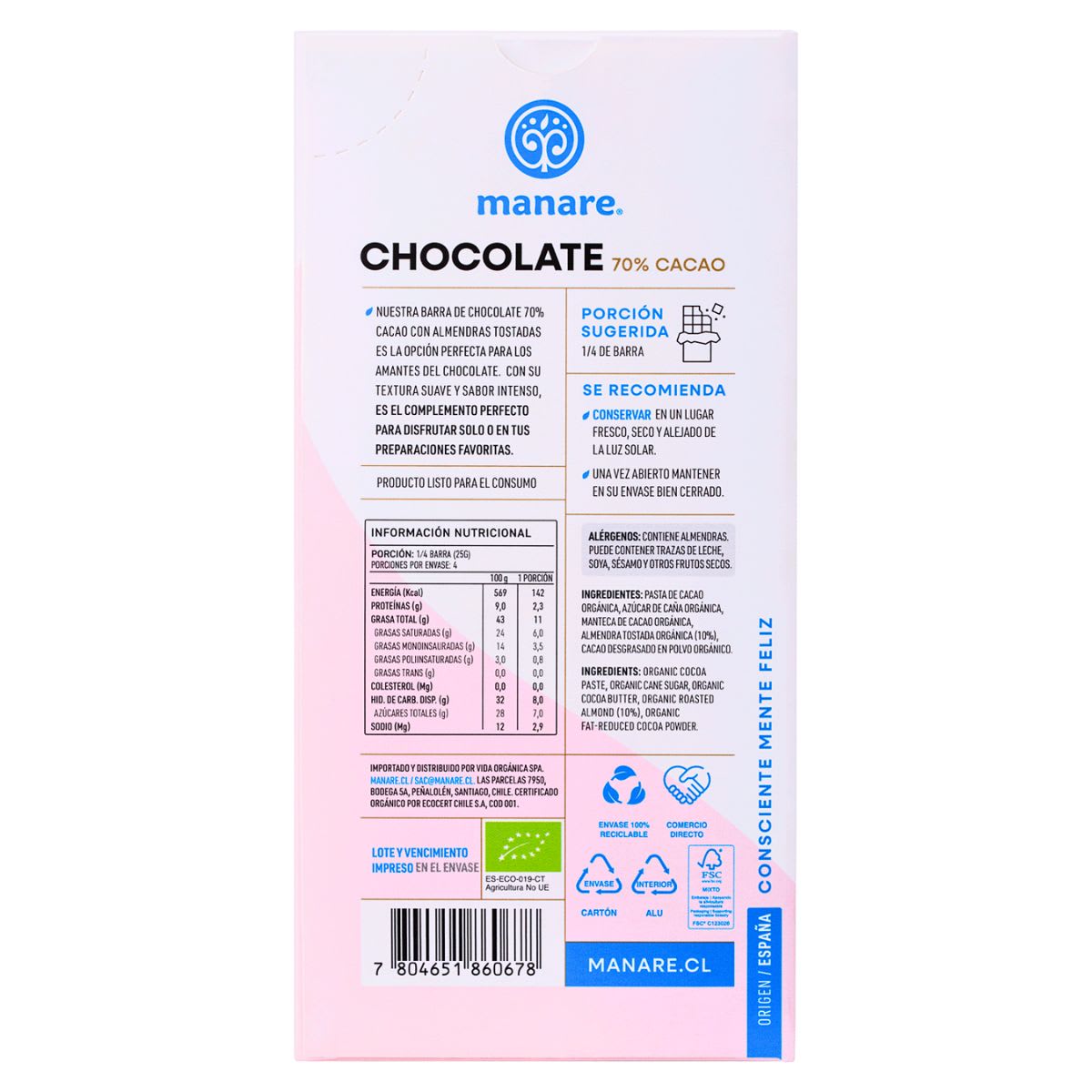 Manare Chocolate Con Almendras Organico 70% Cacao2