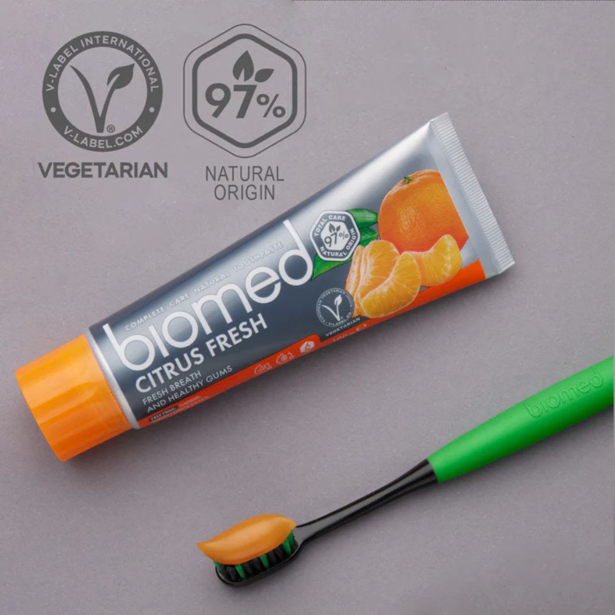 Biomed Pasta Dental Sin Fluor Citrus Fresh Aliento fresco y encías sanas3