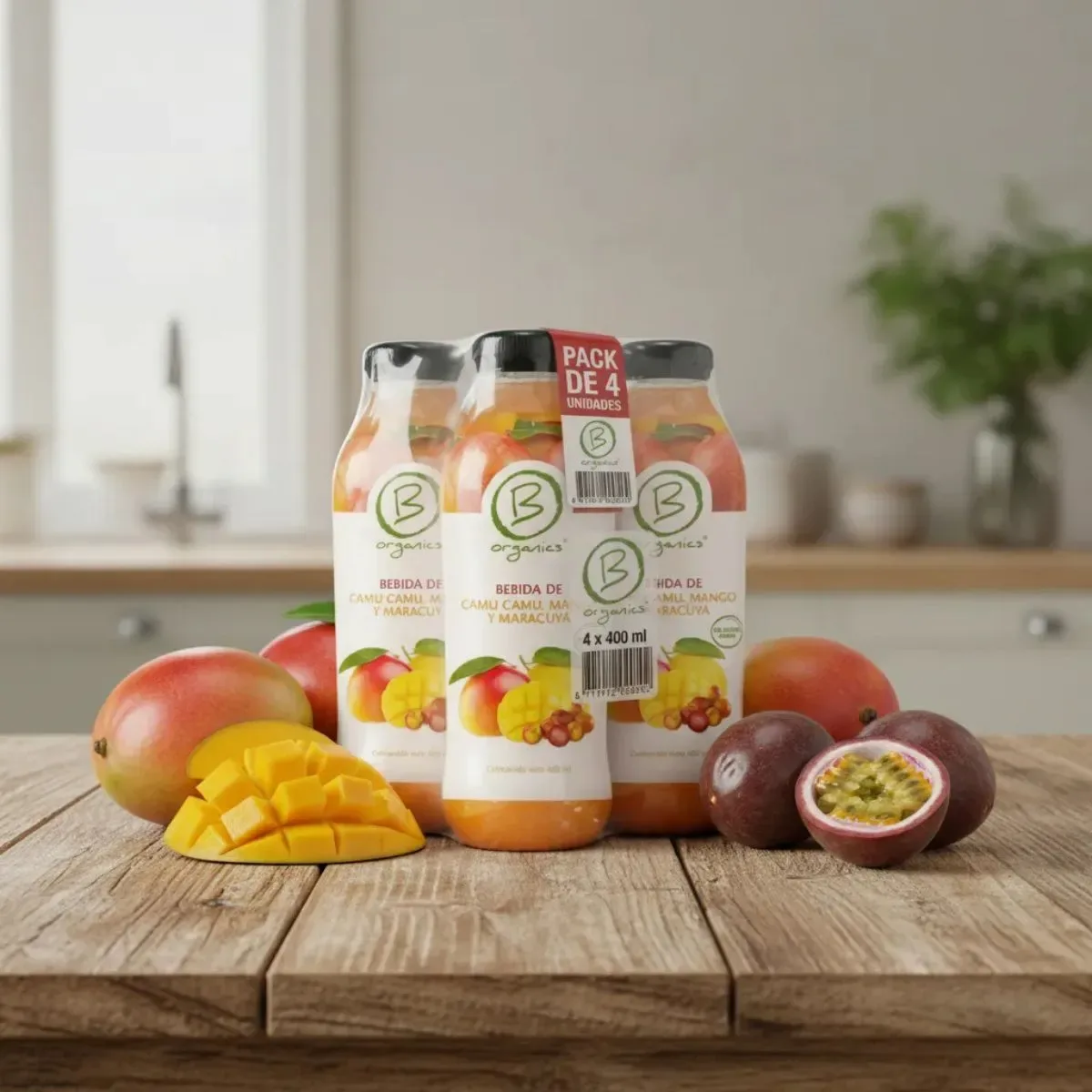 4-Pack Be Organics Bebida de Camu Camu, Mango y Maracuya 4 UN X 400 Ml3
