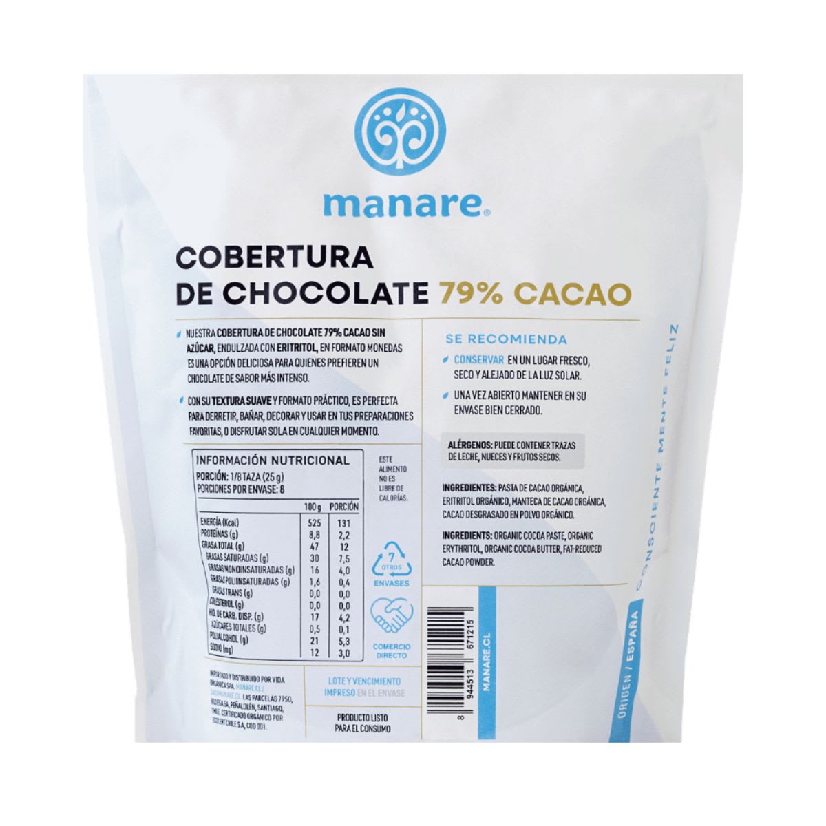 Manare Cobertura de Chocolate Organico 79% Cacao Sin Azucar 200g3