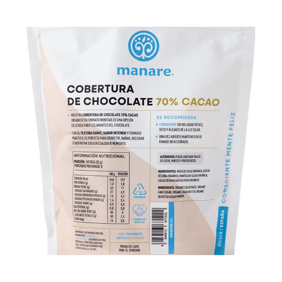 Manare Cobertura de Chocolate Organico 70% Cacao 200g3