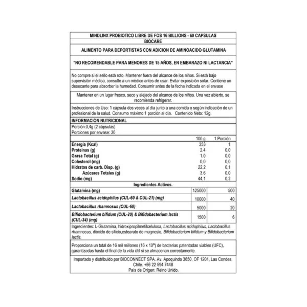 Biocare Mindlinx Probiotico con L-Glutamina Libre de FOS 60 caps3