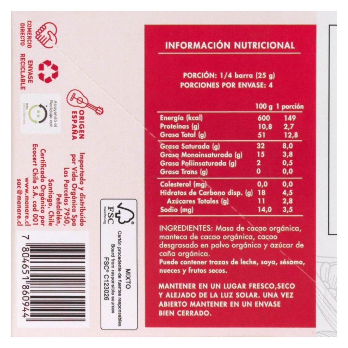 Manare Chocolate Organico 90% Cacao 100 g2