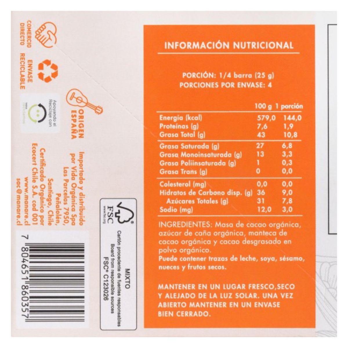 Manare Chocolate Organico 70% Cacao 100 g2