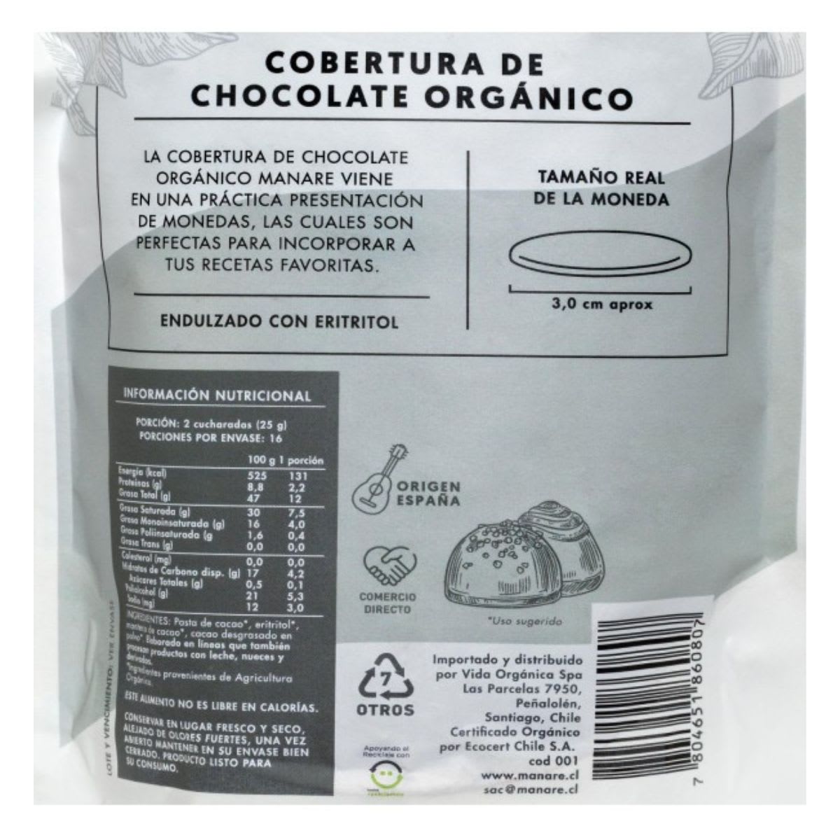 Manare Cobertura de Chocolate Organico 79% Cacao Sin Azucar 200g3
