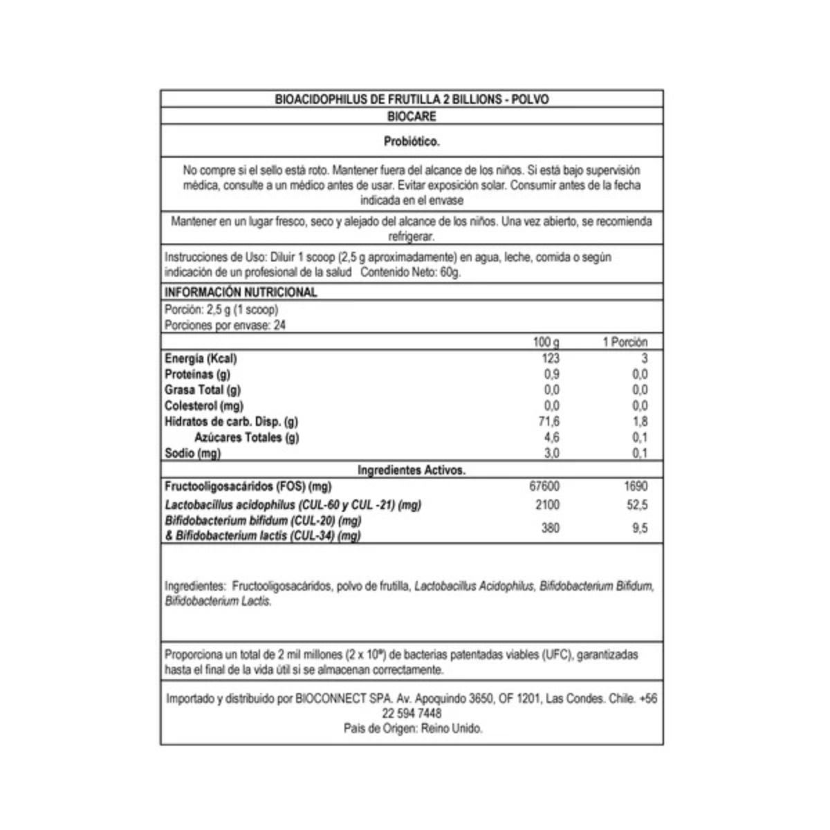 Biocare Probiotico BioAcidophilus de Frutilla 2 Billones UFC3