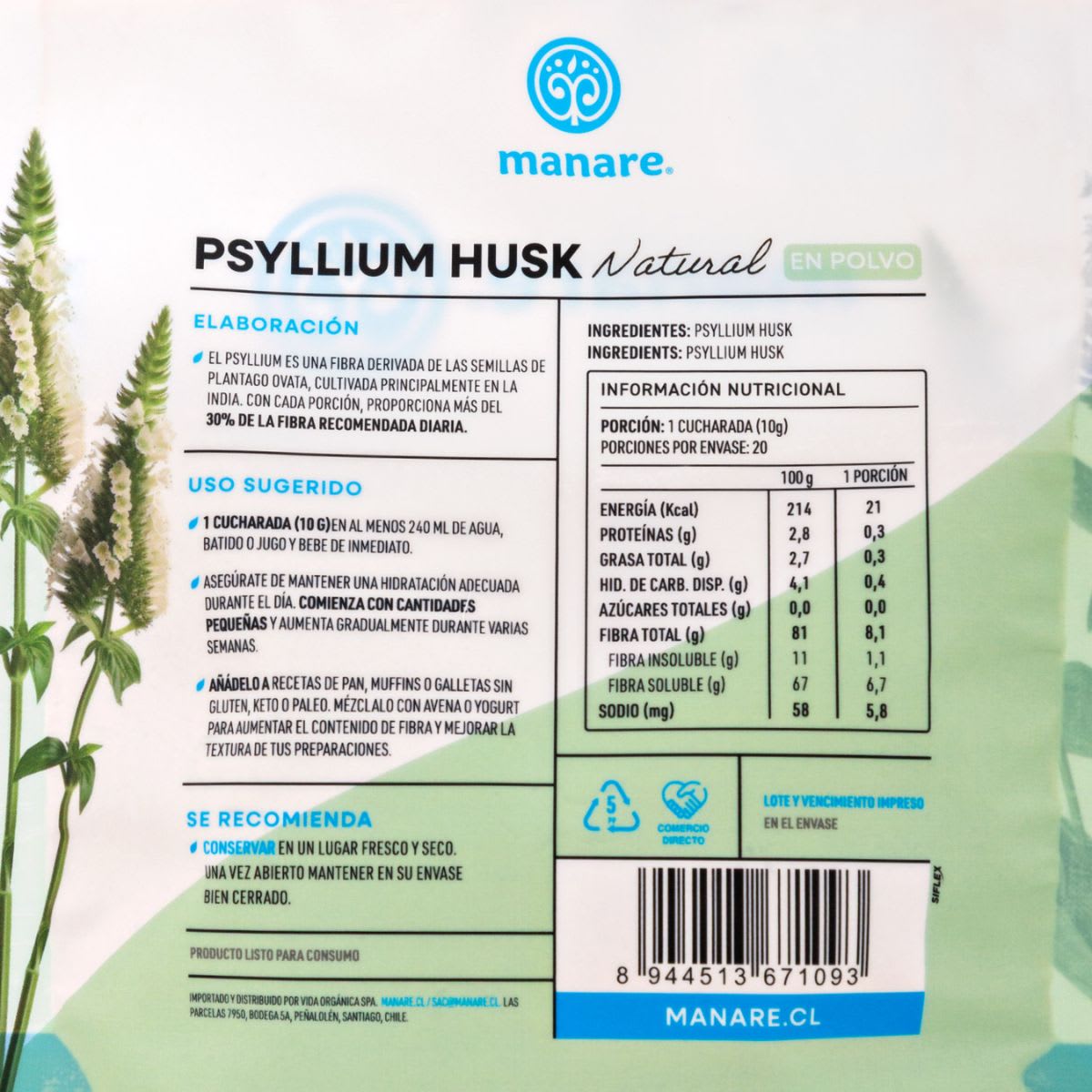 Manare Psyllium Husk Natural en Polvo3