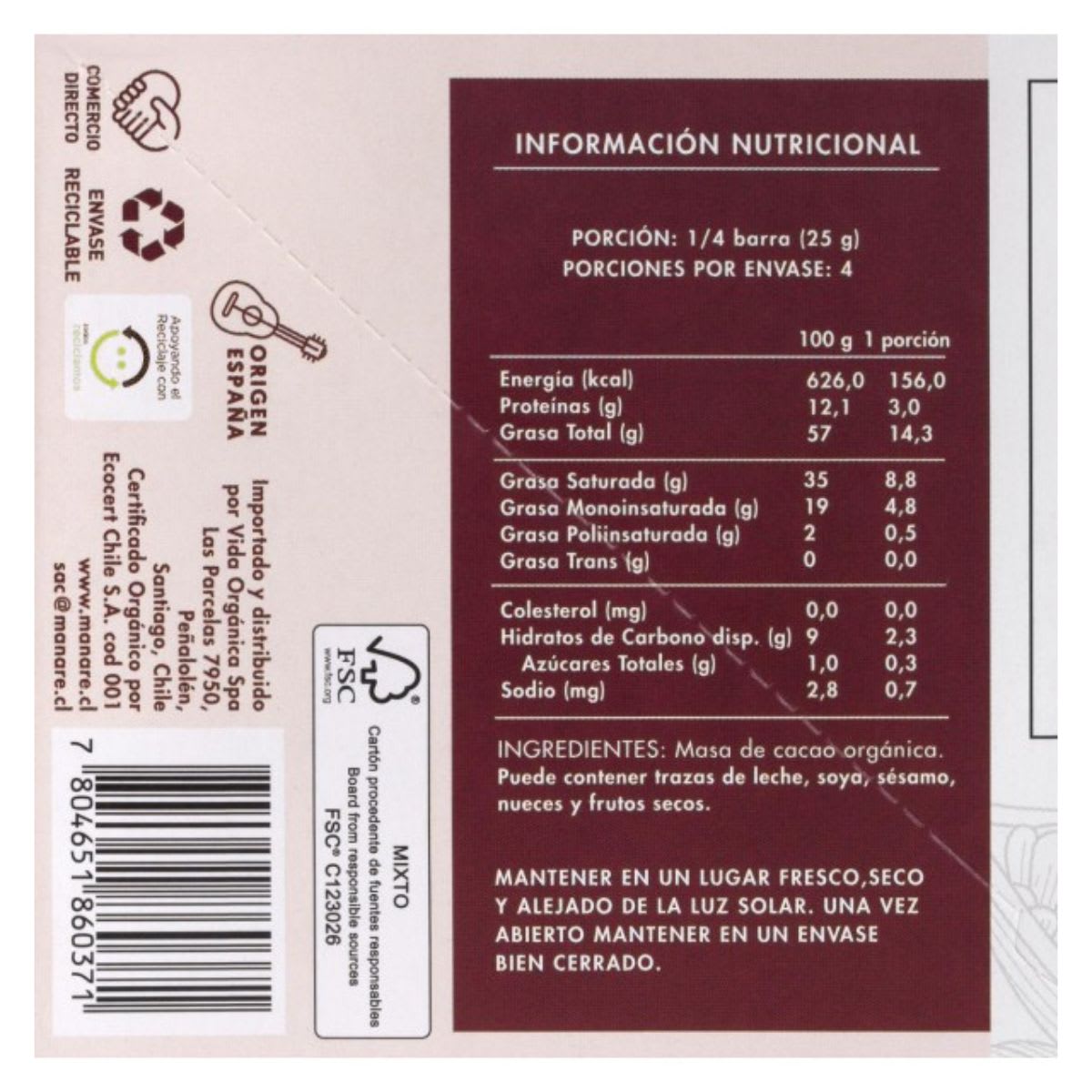 Manare Chocolate Organico 100% Cacao 100 g1