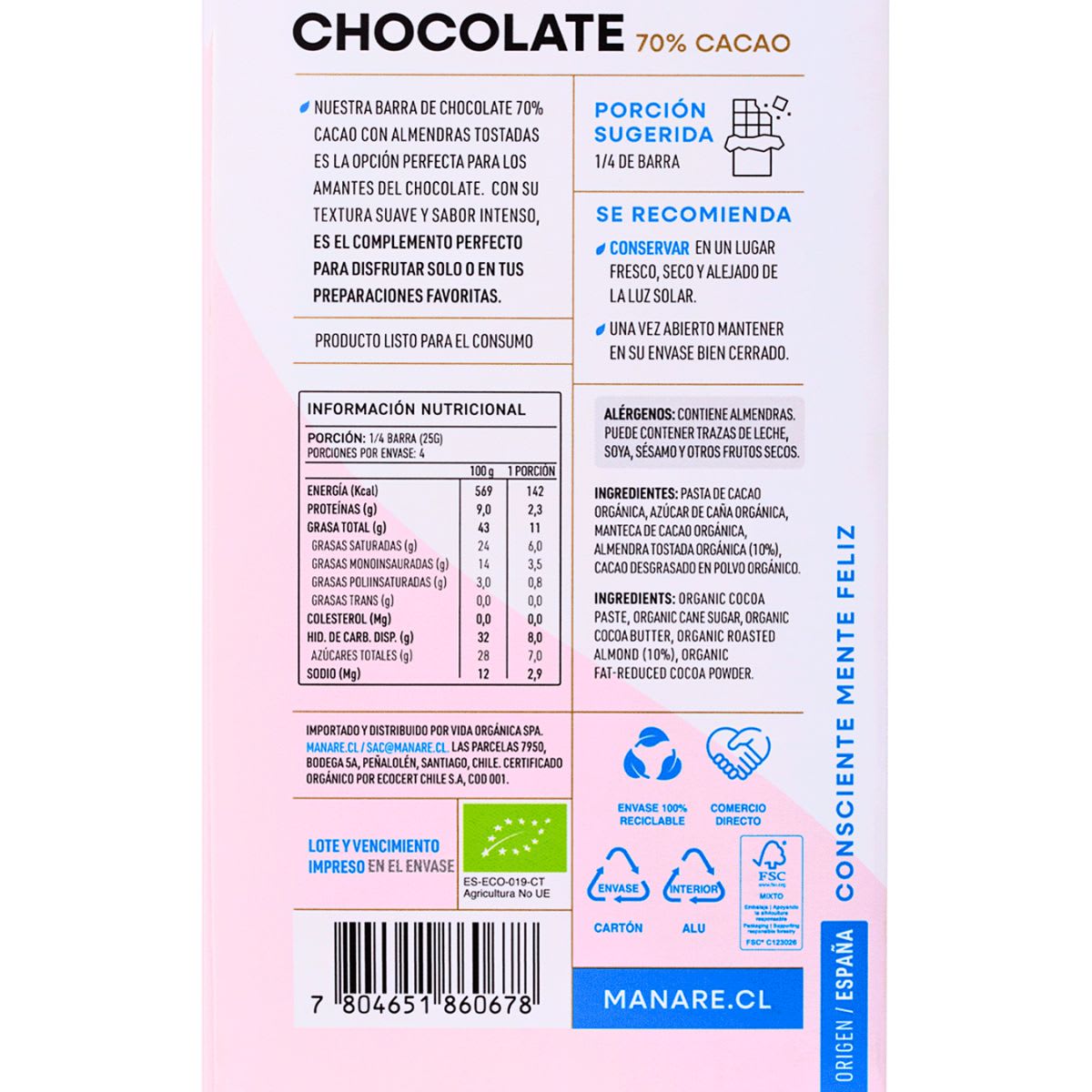 Manare Chocolate Con Almendras Organico 70% Cacao3