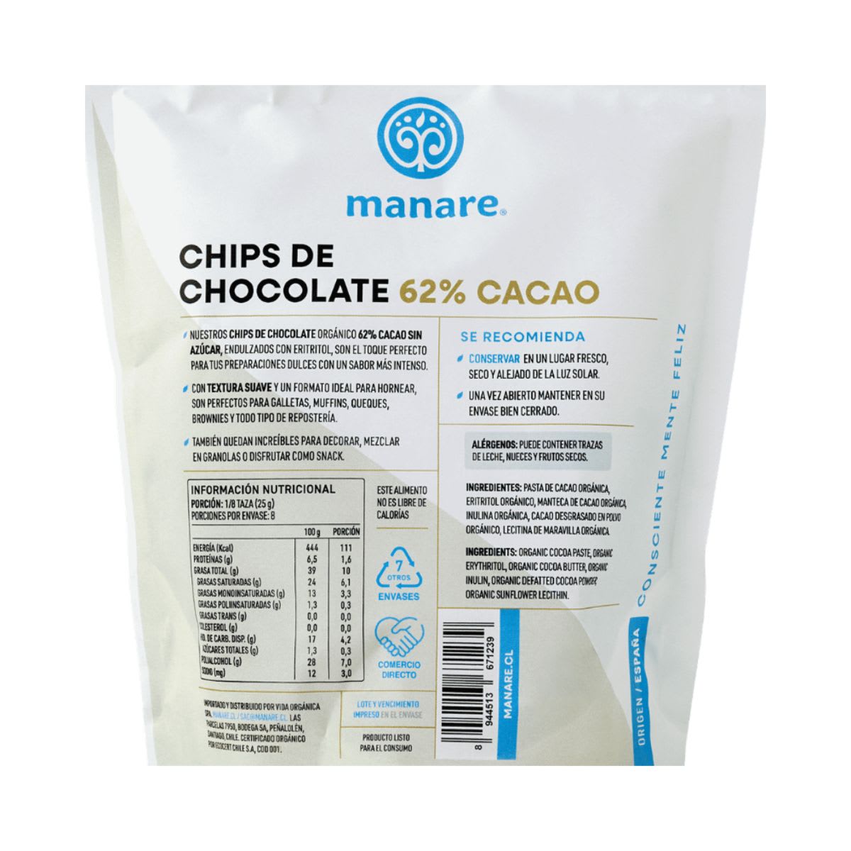 Chips de Chocolate Organico Sin Azucar 62% Cacao 200g3