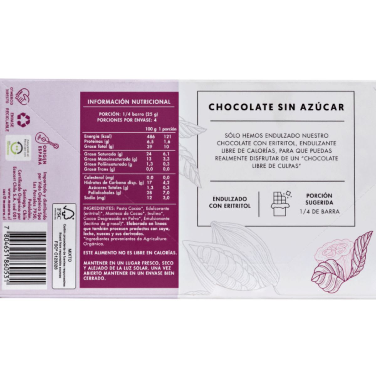 Manare Chocolate Organico Sin Azucar 62% Cacao 100 g2