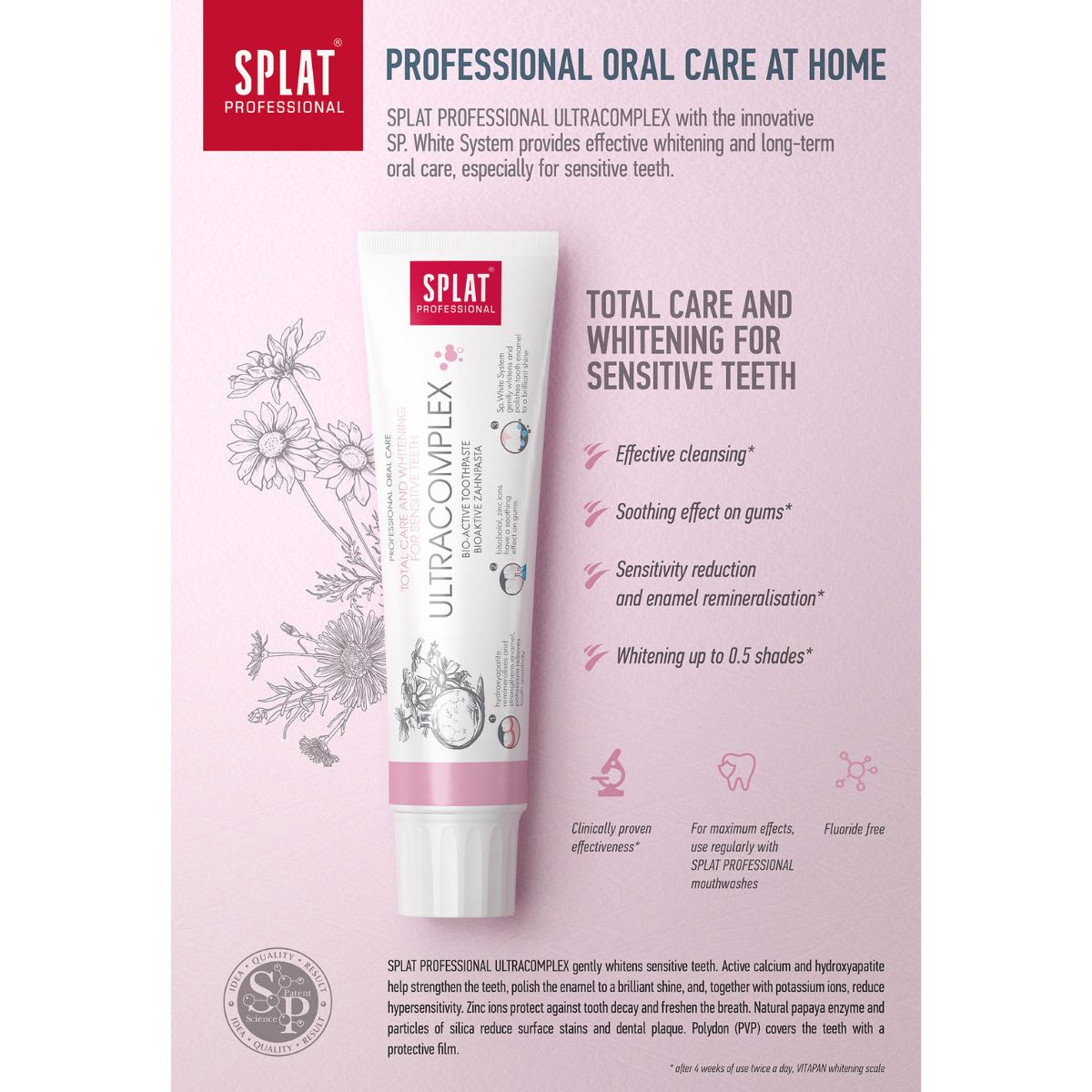 Splat Pasta Dental Sin Fluor Ultracomplex Cuidado total y blanqueamiento para dientes sensibles4