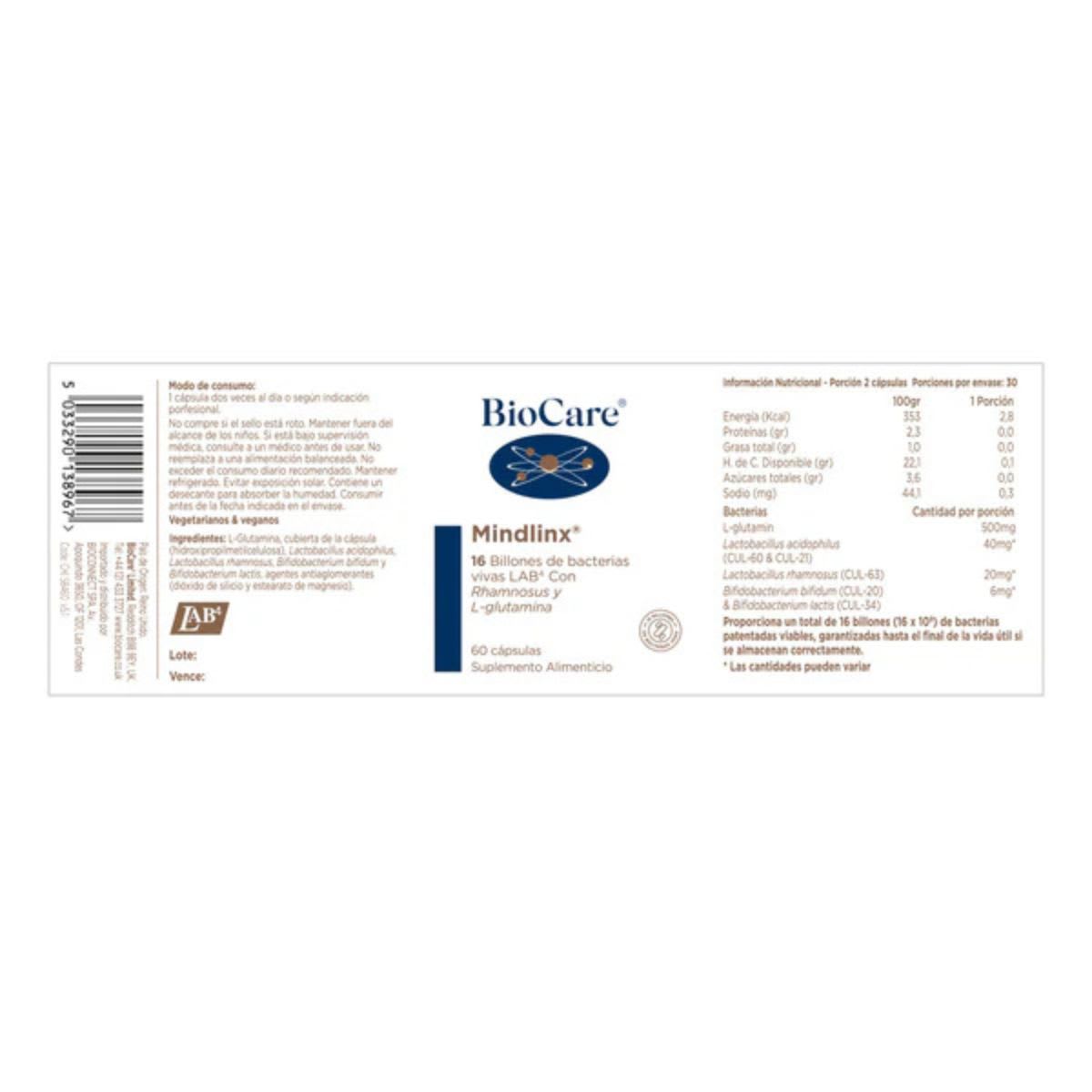 Biocare Mindlinx Probiotico con L-Glutamina Libre de FOS 60 caps4