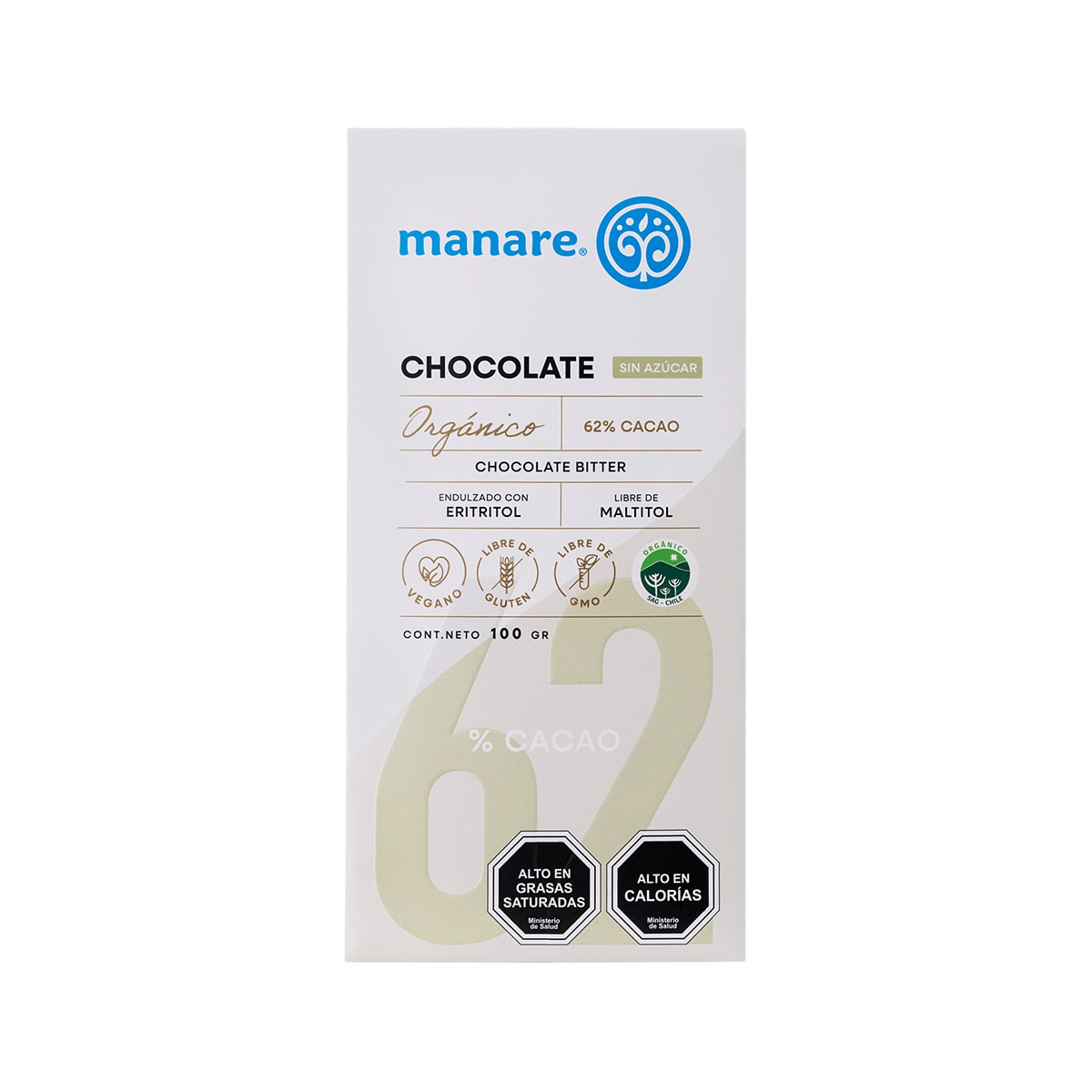 Manare Chocolate Organico Sin Azucar 62% Cacao 100 g1