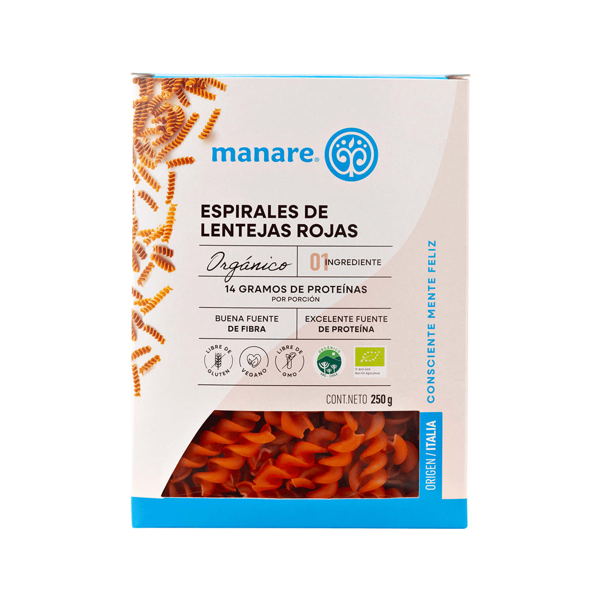 Espirales de Lentejas Rojas Organicas Manare 250 g1