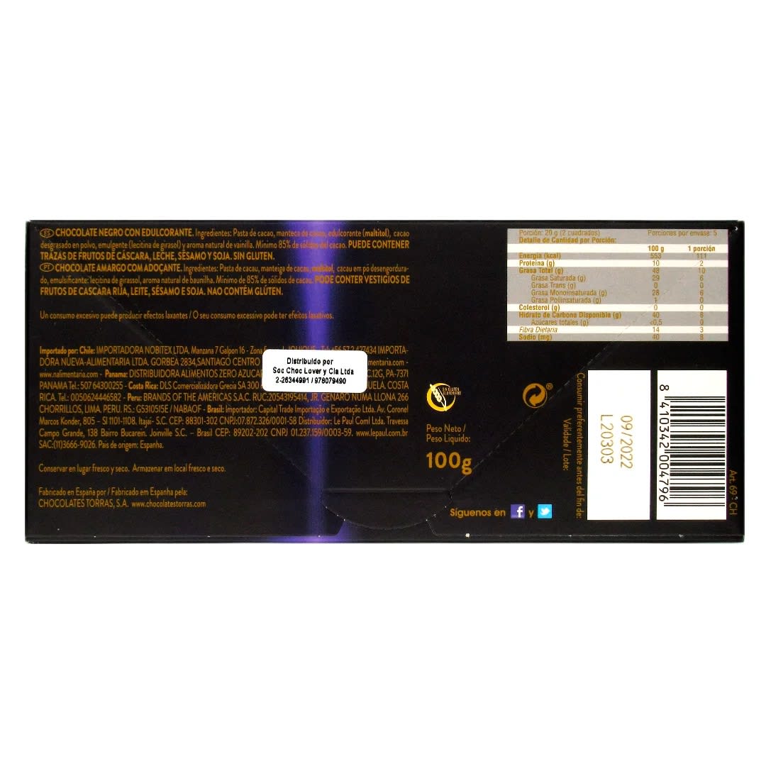 Torras Zero Chocolate Sin Azucar 85% Cacao1