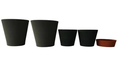 Set de 5 Maceteros Arena 2 Alto Grafito 20x20x18cm 2 Mediano Negro 15x15x13cms y 1 Suculenta Naranja 16x15x5cm