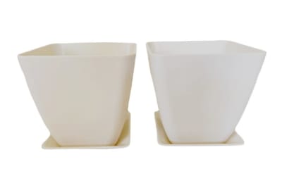 Set 2 Maceteros y platos bio bamboo cuadrado blanco 13,3x13,3x12,4 cm
