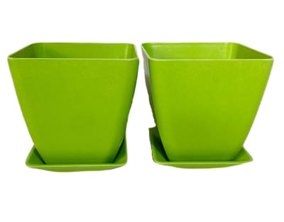Set 2 Maceteros y platos bio bamboo cuadrado verde 13,3x13,3x12,4 cm