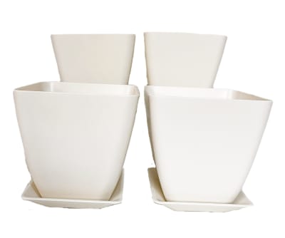 Set 4 Maceteros y platos bio bamboo cuadrado blanco 13,3x13,3x12,4 cm