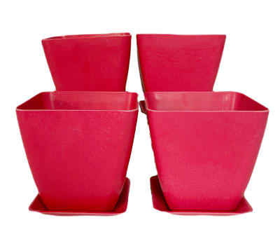 Set 4 Maceteros y platos bio bamboo cuadrado coral 13,3x13,3x12,4 cm