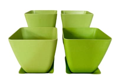 Set 4 Maceteros y platos bio bamboo cuadrado verde 13,3x13,3x12,4 cm