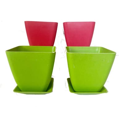 Set 4 Maceteros y platos Bio bamboo cuadrado 2 verde 2 coral 13,3x13,3x12,4 cm