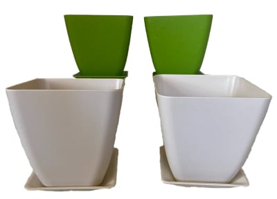 Set 4 Macetero y plato Bio bamboo cuadrado 2 verde 2 blanco 13,3x13,3x12,4 cm