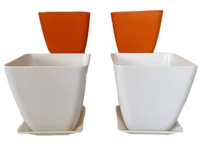 Set 4 Macetero y plato Bio bambú cuadrado 2 blanco 2 naranjo 13,3x13,3x12,4 cm