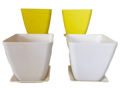 Set 4 Macetero y plato Bio bambú cuadrado 2 blanco 2 amarill 13,3x13,3x12,4 cm