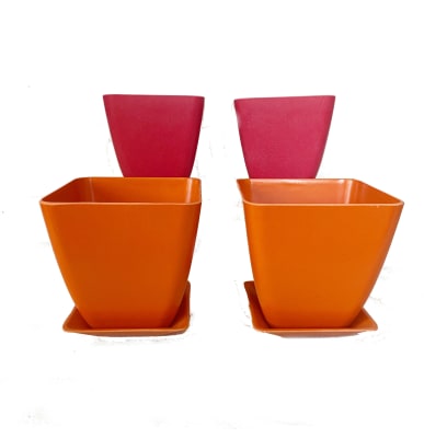 Set 4 Macetero y plato Bio bambú cuadrado 2 coral 2 naranjo 13,3x13,3x12,4 cm