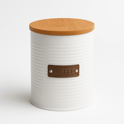 Canister 13X11 Cm Blanco, Placa Dorada Y Tapa De Bamboo Coffee
