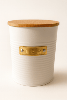 Canister 13X11 Cm Blanco, Placa Dorada Y Tapa De Bamboo Tea