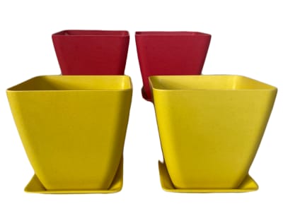 Set 4 Macetero y plato Bio bambú cuadrado 2 coral 2 amarillo 13,3x13,3x12,4 cm