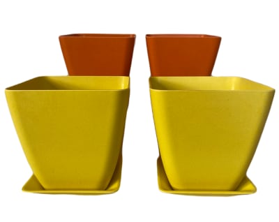 Set 4 Macetero y plato Bio bambú cuadrado 2 naranj 2 amarill 13,3x13,3x12,4 cm