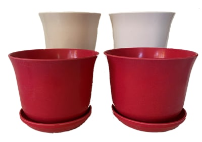 Set 4 Maceteros y platos Bio bamboo Curvo 2 blanco 2 purpura 16,5x16,5x13 cm