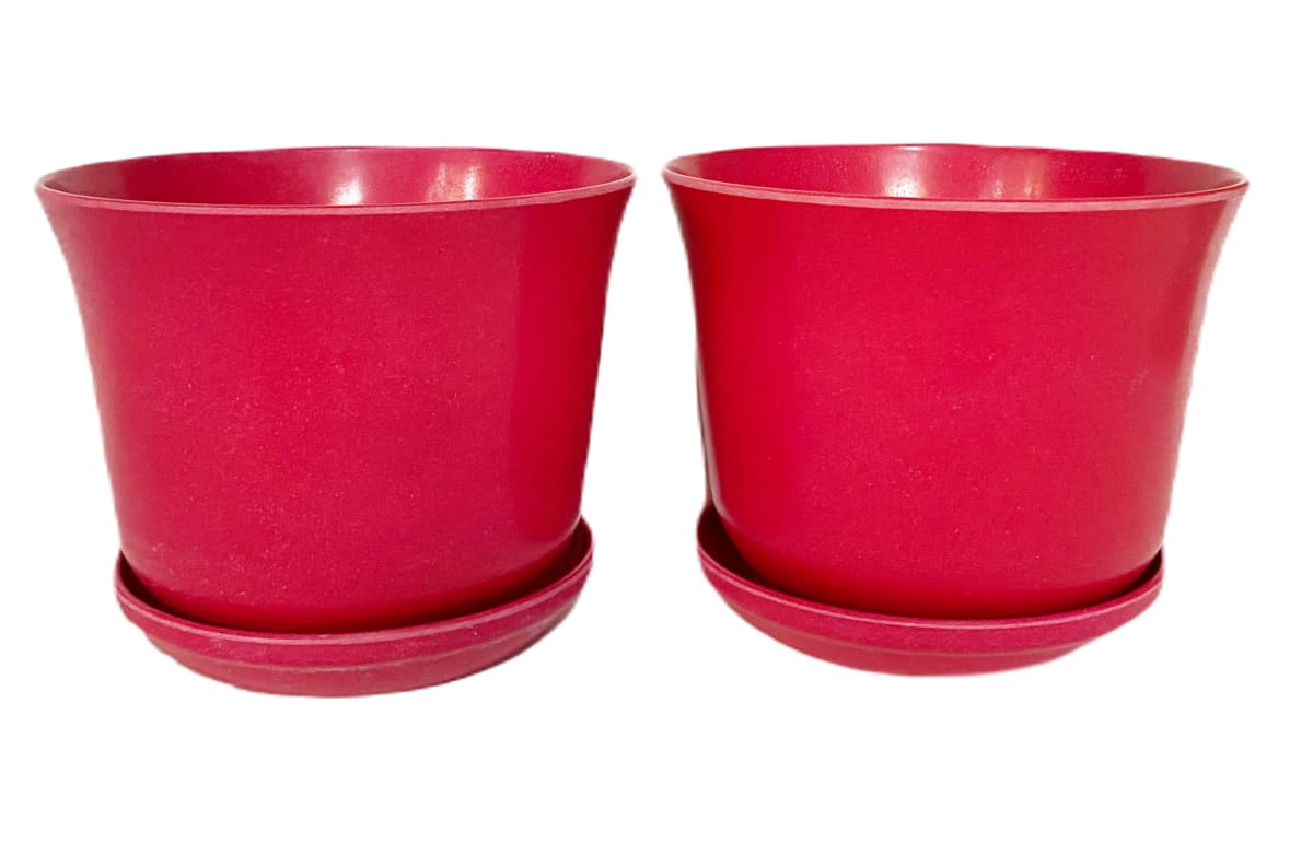 Set 2 Maceteros y platos Bio bamboo Curvo rojo 16,5x16,5x13 cm5