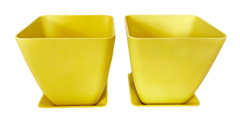 Set 2 Maceteros y platos bio bamboo cuadrado amarillo 13,3x13,3x12,47