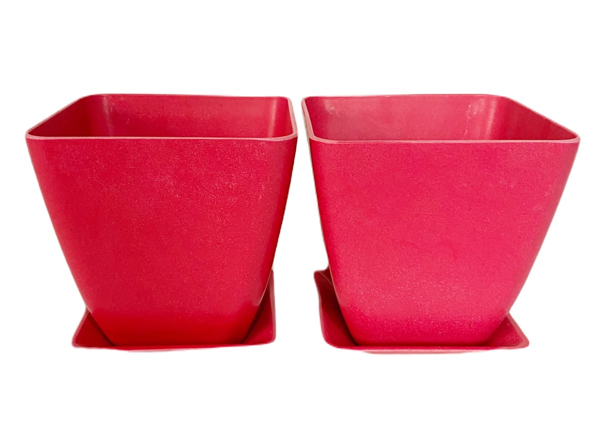 Set 2 Maceteros y platos bio bamboo cuadrado coral 13,3x13,3x12,4 cm4