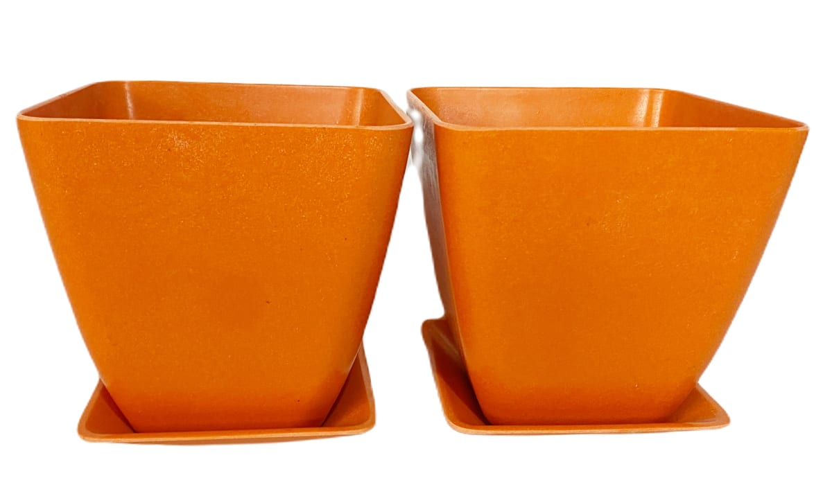 Set 2 Maceteros y platos bio bamboo cuadrado naranjo 13,3x13,3x12,4 cm4