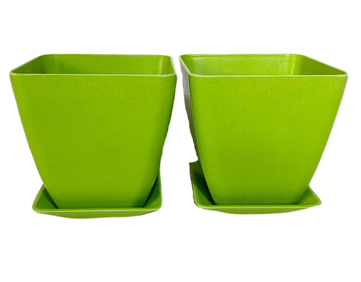 Set 2 Maceteros y platos bio bamboo cuadrado verde 13,3x13,3x12,4 cm4