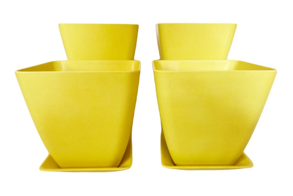 Set 4 Maceteros y platos bio bamboo cuadrado amarillo 13,3x13,3x12,4cm13