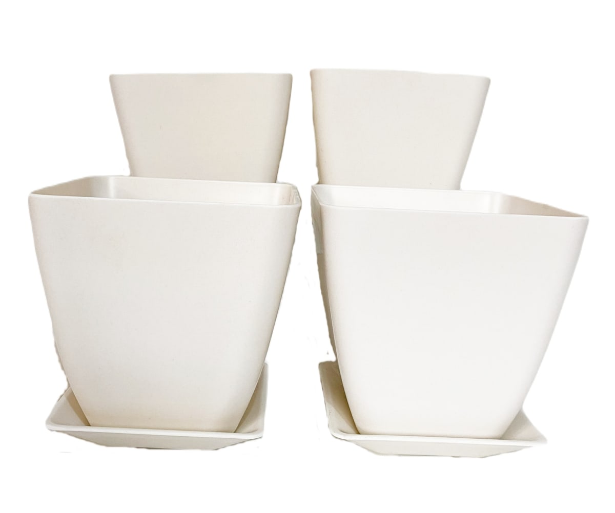 Set 4 Maceteros y platos bio bamboo cuadrado blanco 13,3x13,3x12,4 cm4