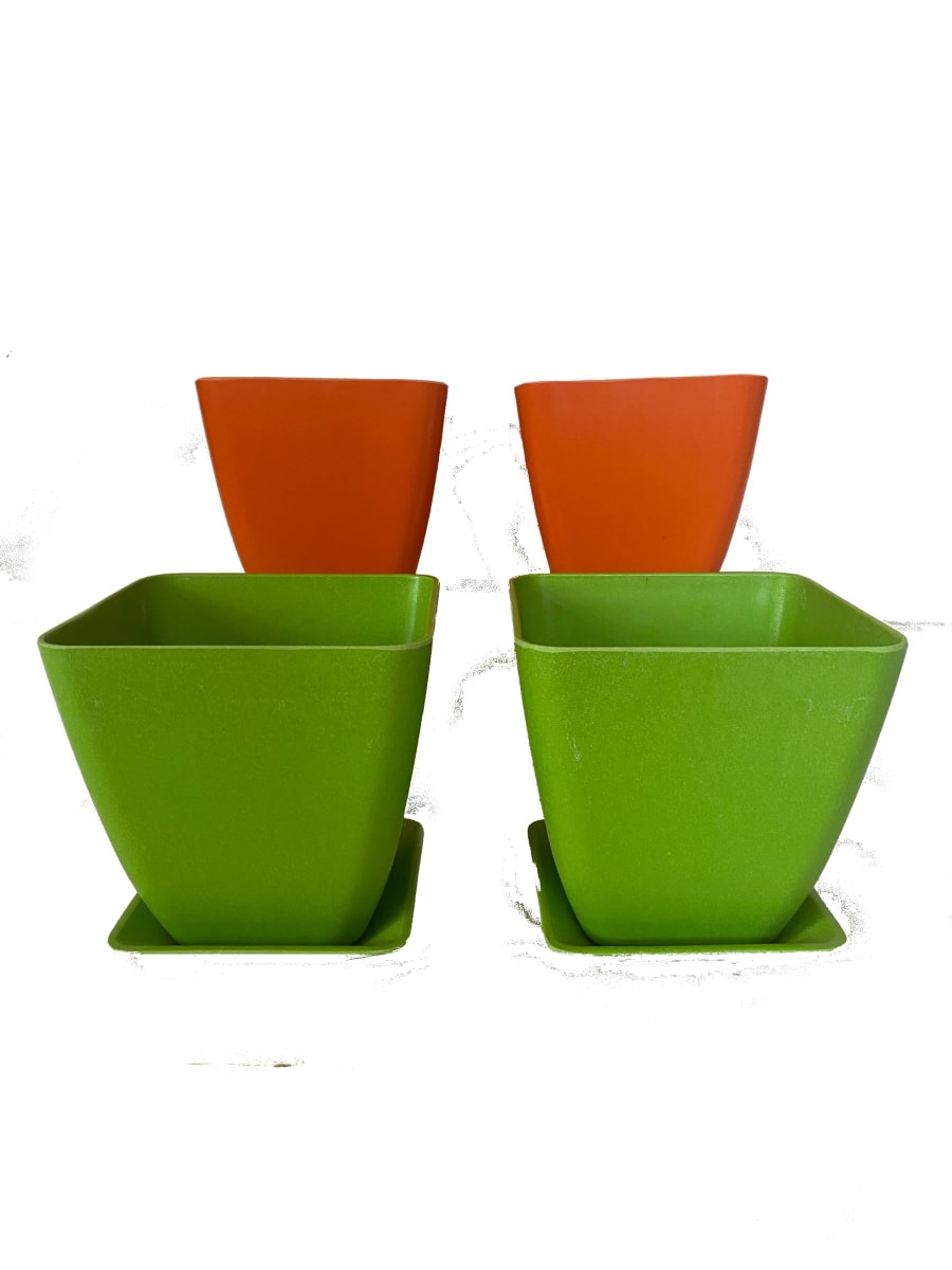 Set 4 Macetero y plato Bio bamboo cuadrado 2 verde 2 naranjo 13,3x13,3x12,4 cm4