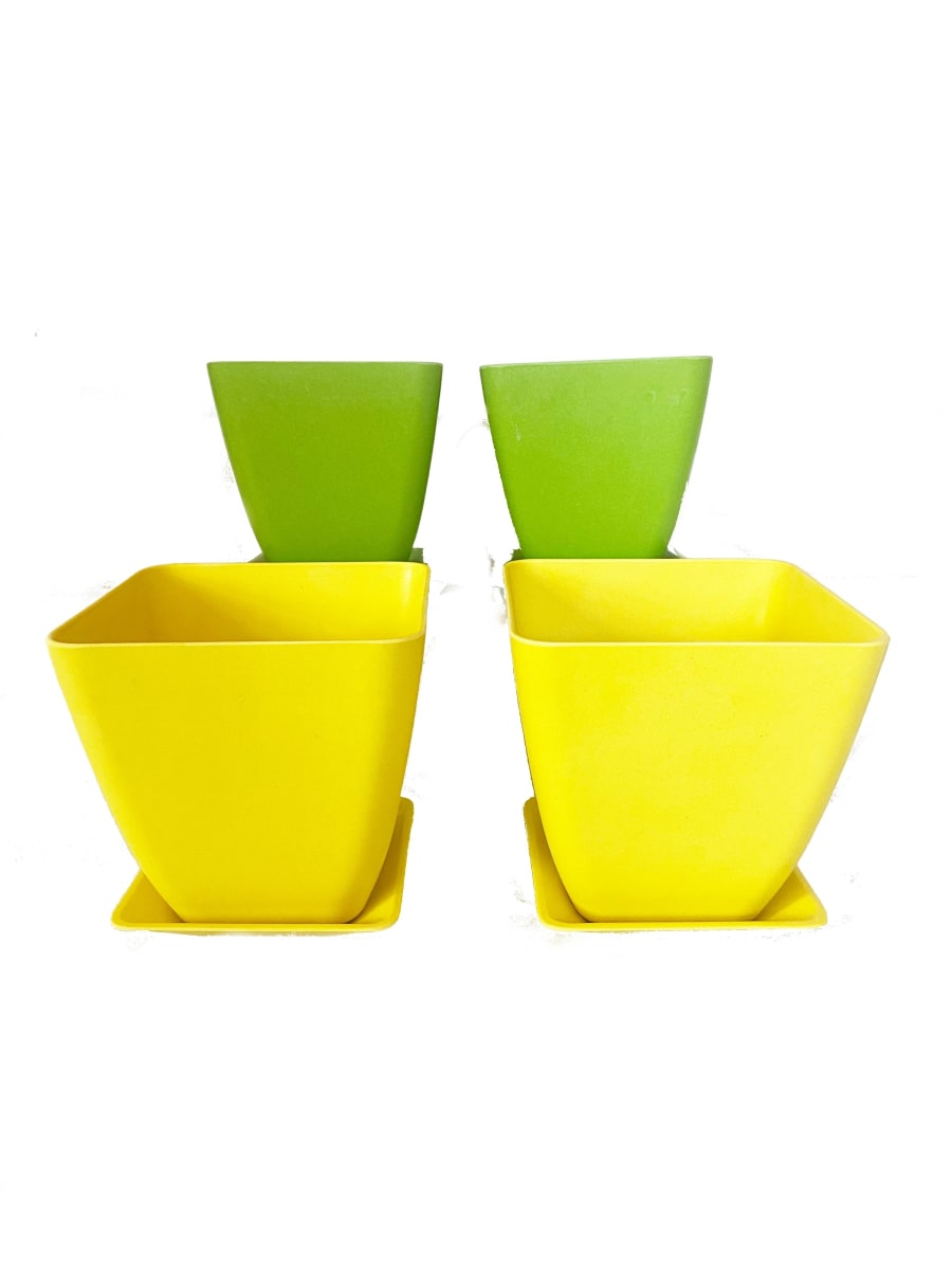Set 4 Macetero y plato Bio bambú cuadrado 2 verde 2 amarillo 13,3x13,3x12,4 cm10